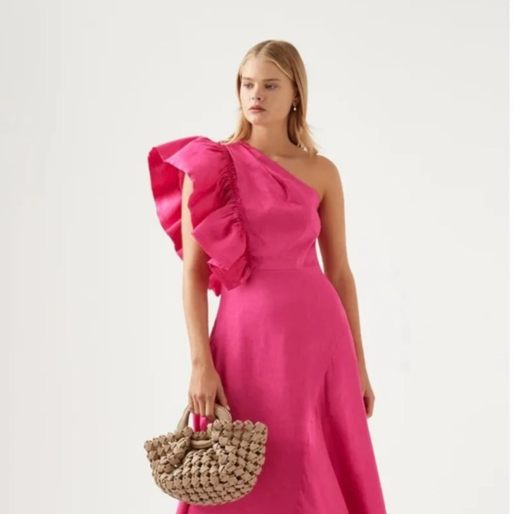 Aje Sculptura Bonjour Asymmetrical Pink Midi Dress